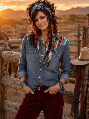 L&B Blue Denim Shirt with Multicolor Striped Yoke